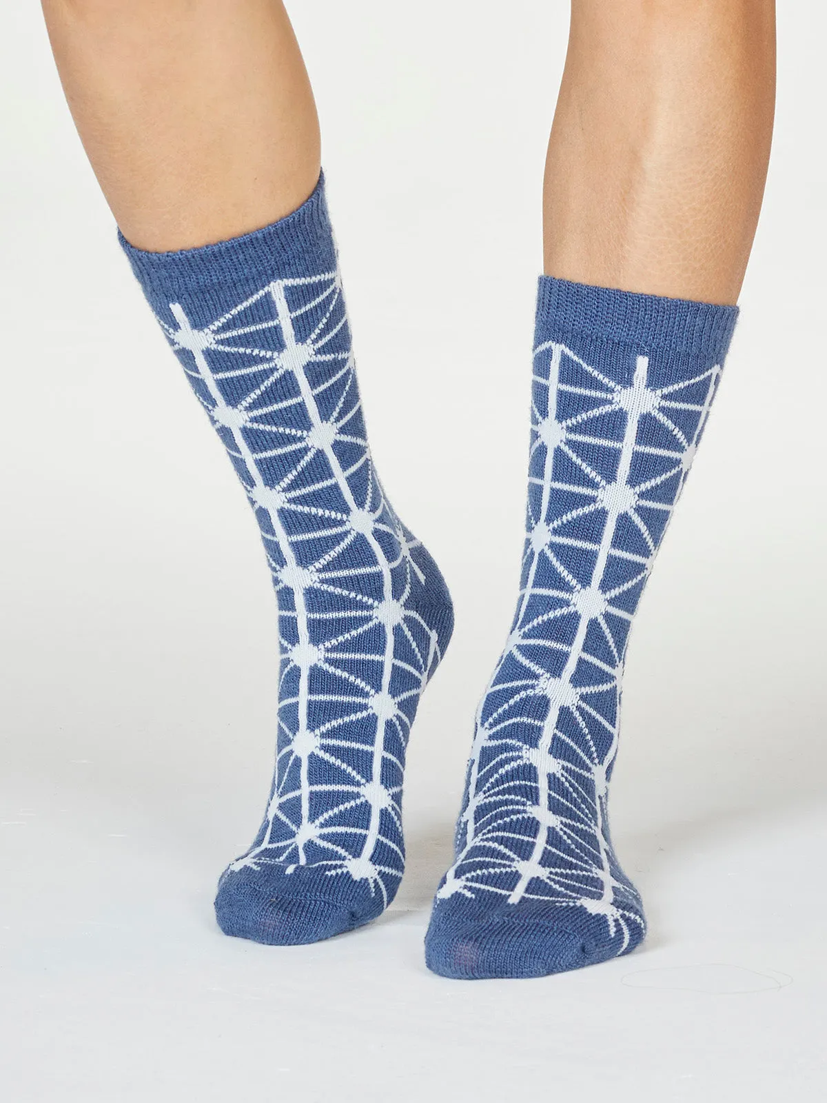 Jannie Geometric Wool Blend Socks in Blue by Thought, Size 4-7