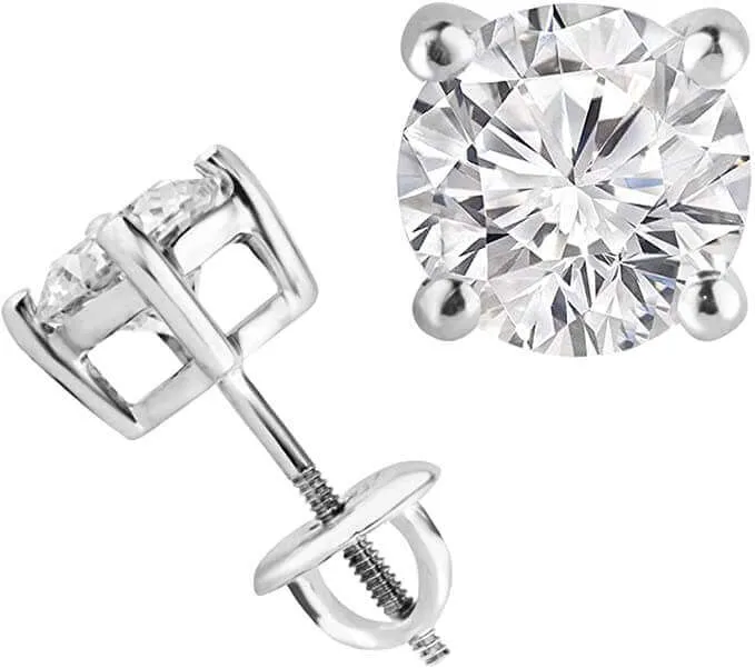 JewelMore 14k White Gold 4-Prong Basket Round Diamond SINGLE STUD Earring (1/8-1ct,H-I-J/I2-I3) screw-Back