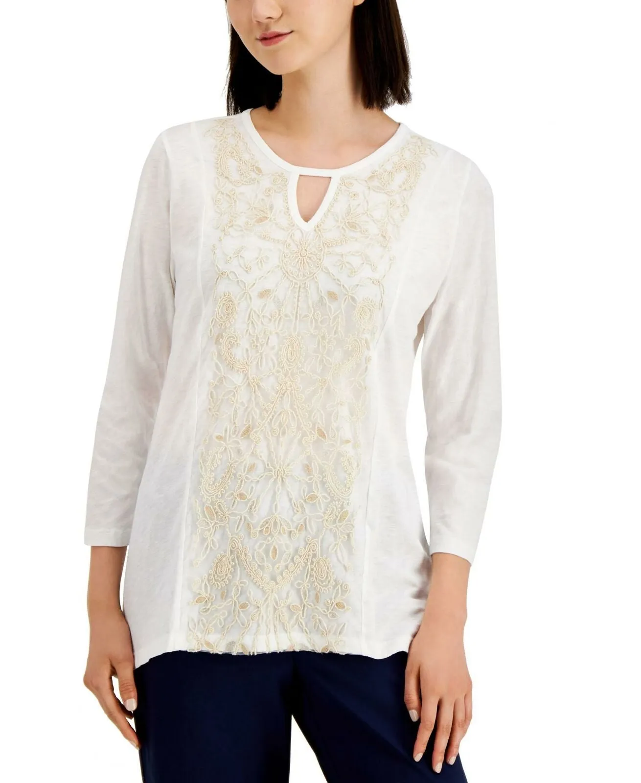 JM Collection Women's Embroidered Keyhole Slub Knit Tunic Top