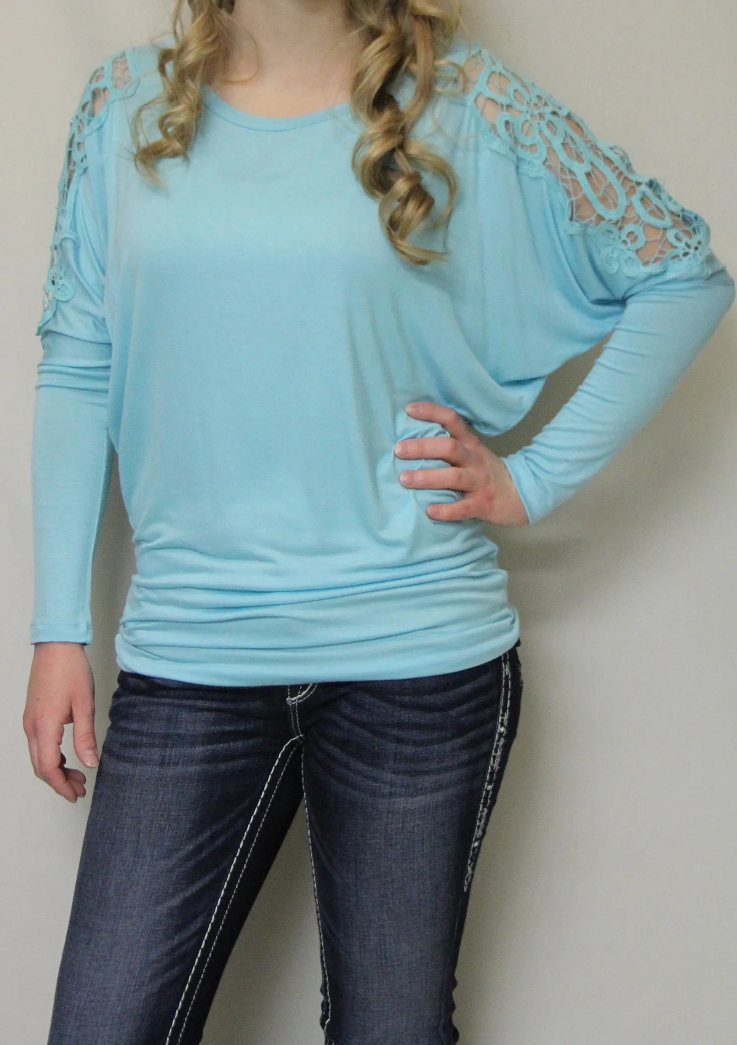 Julila | Lace Cut-Out Dolman Long Sleeve Top Aqua