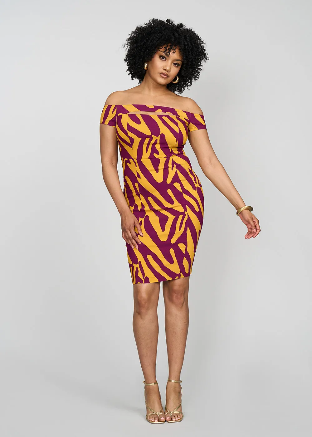 Keruba Women's African Print Stretch Dress (Gold Zebra Abstract) - Clearance