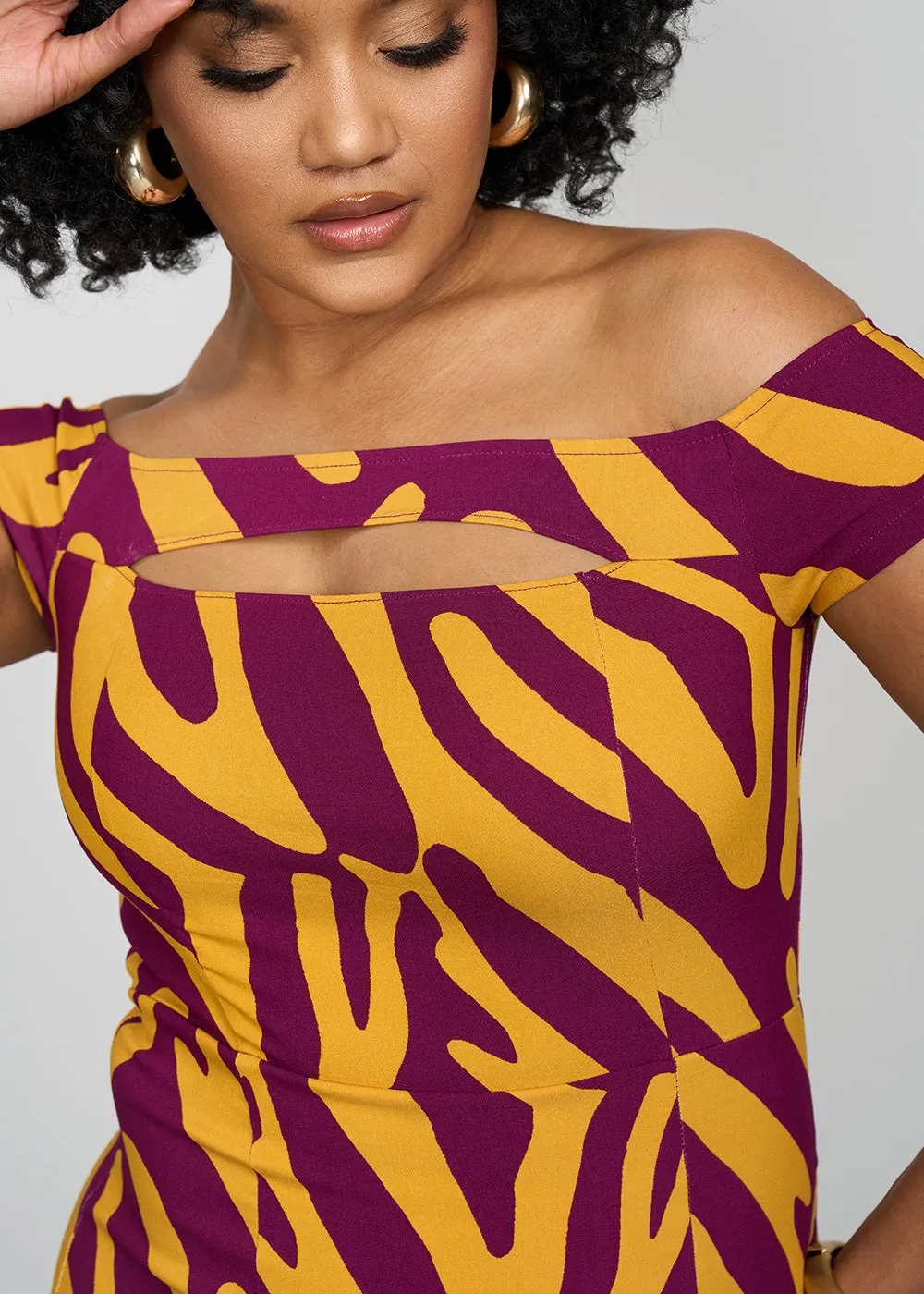 Keruba Women's African Print Stretch Dress (Gold Zebra Abstract) - Clearance