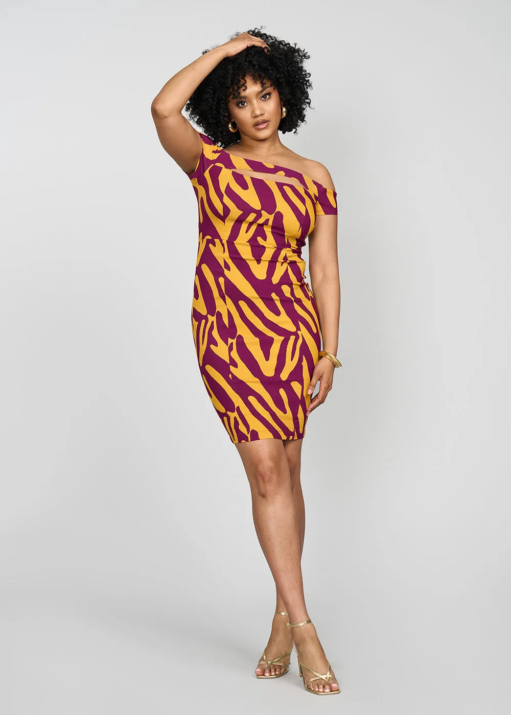 Keruba Women's African Print Stretch Dress (Gold Zebra Abstract) - Clearance