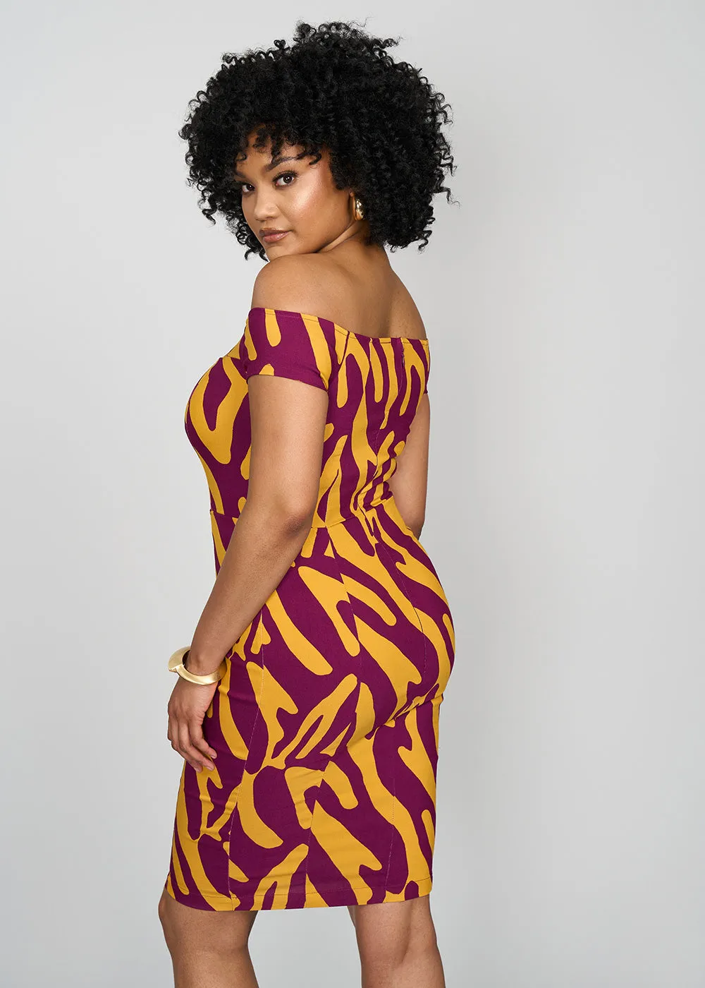 Keruba Women's African Print Stretch Dress (Gold Zebra Abstract) - Clearance