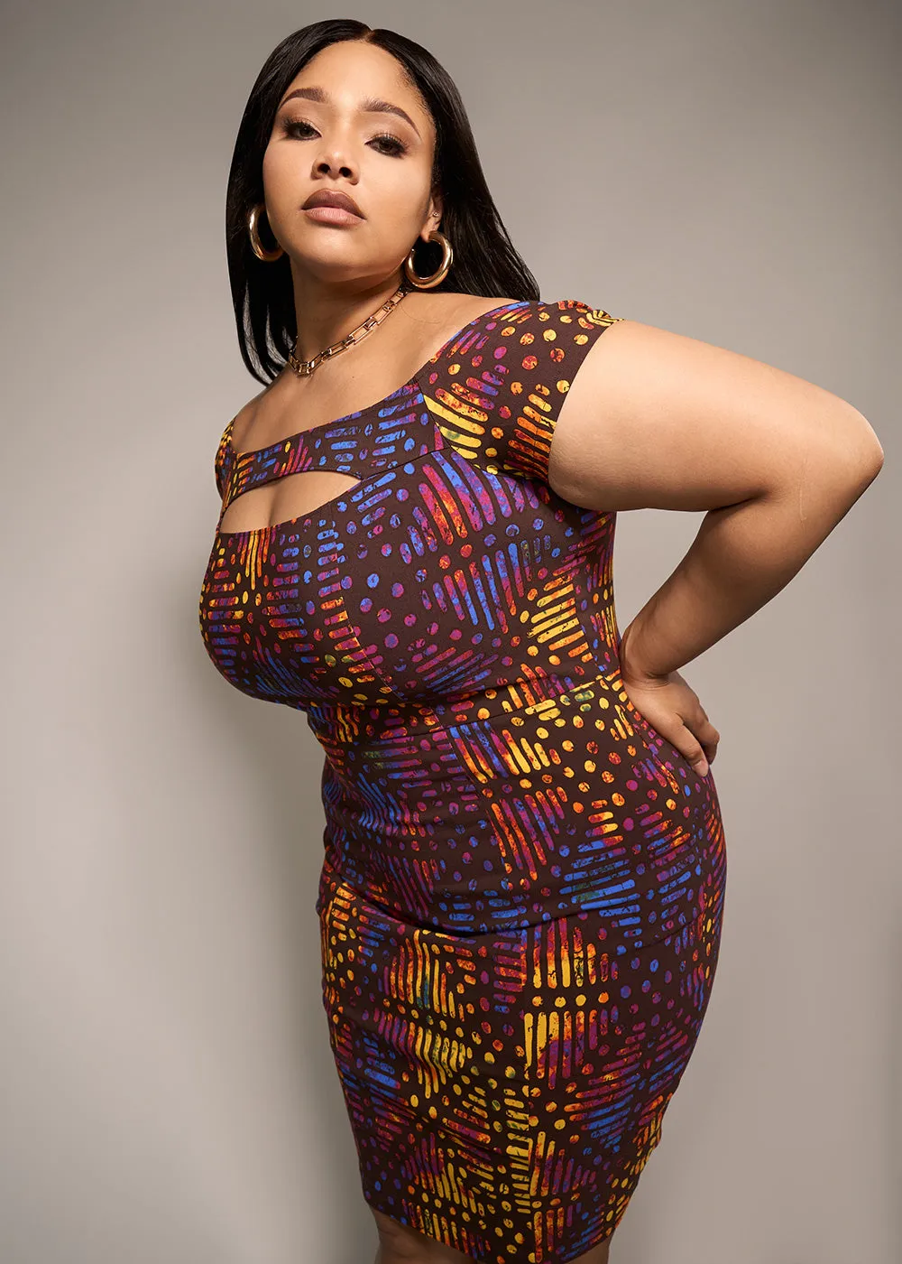 Keruba Women's African Print Stretch Dress (Sunset Adire) - Clearance