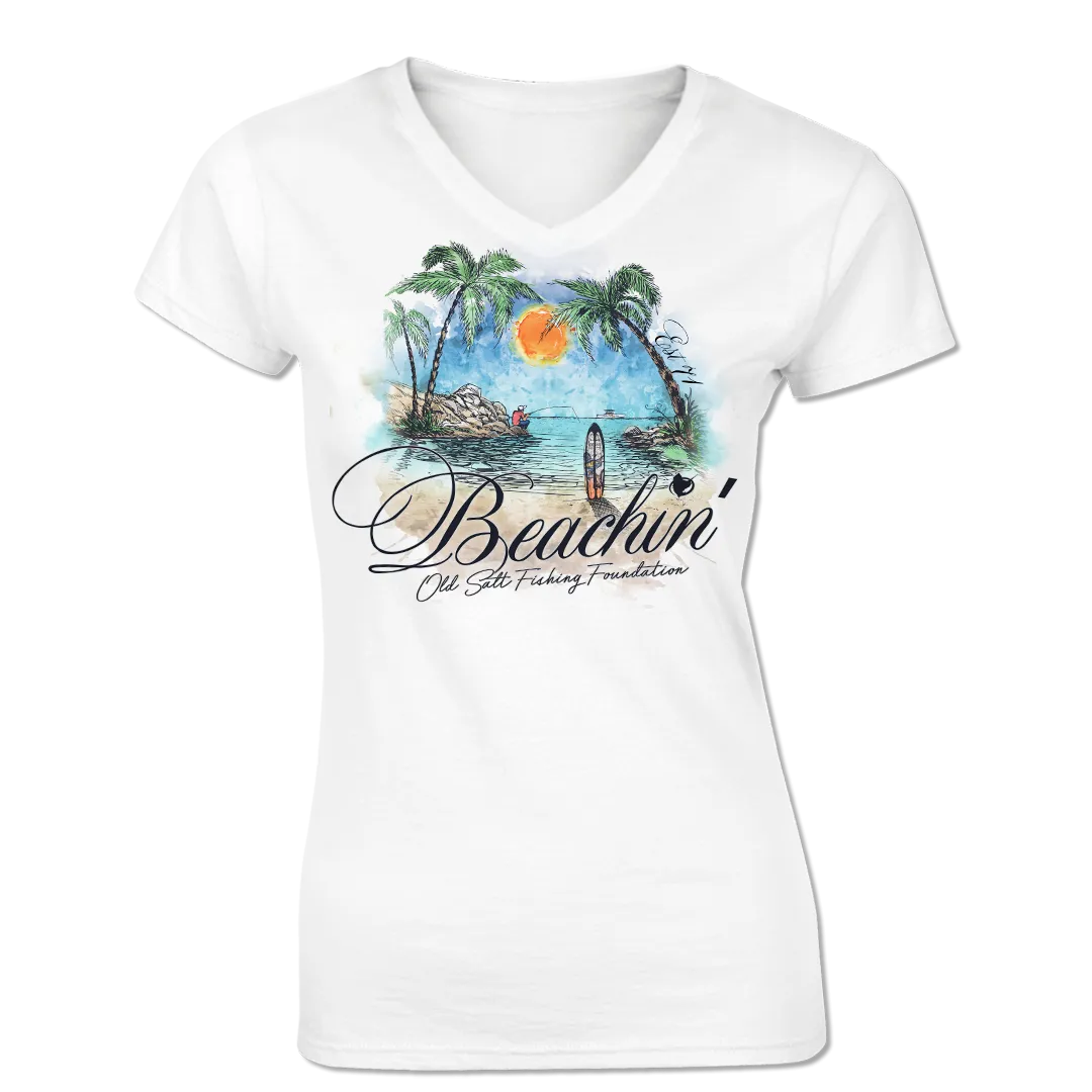 Ladies Beachin' - Short Sleeve Cotton V-Neck Tee