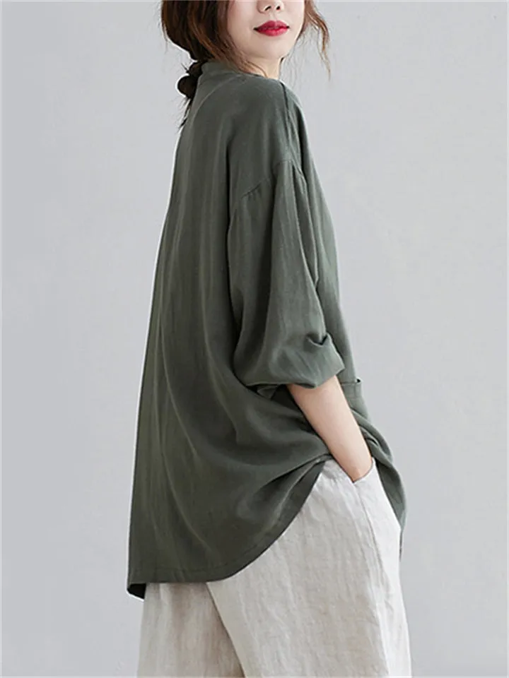 Ladies One Button Long Sleeve Relaxed Shirts with Pockets