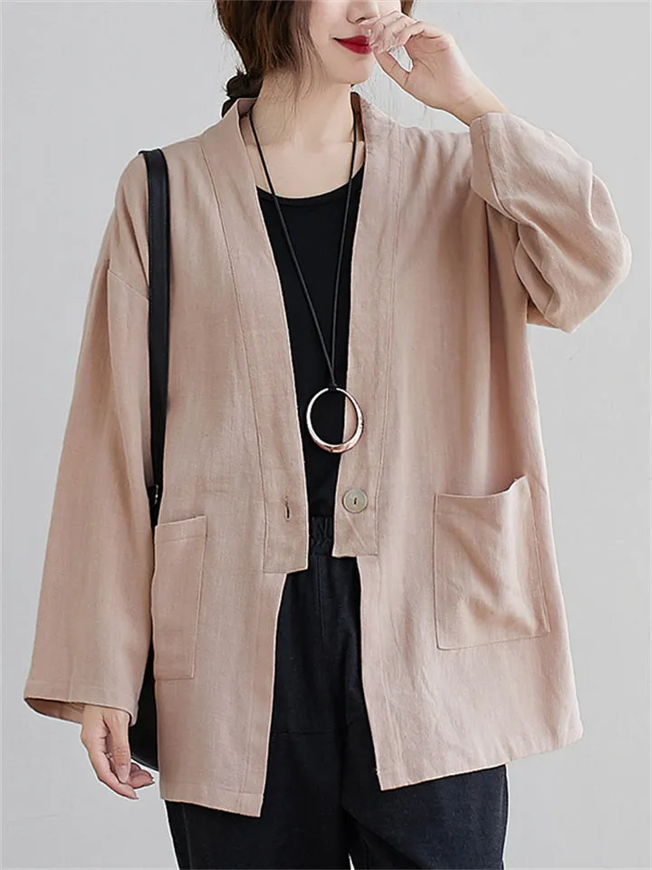 Ladies One Button Long Sleeve Relaxed Shirts with Pockets