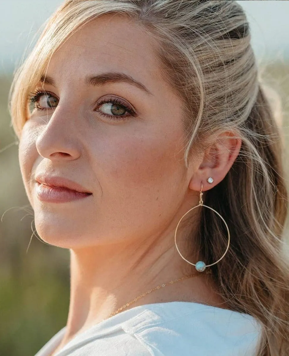 Large Bead Hoops Earrings Icy Turquoise Gold
