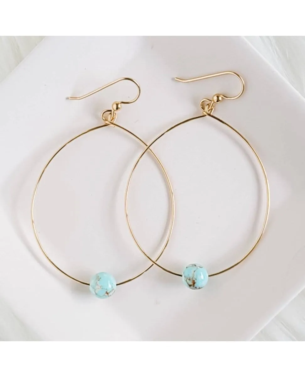 Large Bead Hoops Earrings Icy Turquoise Gold