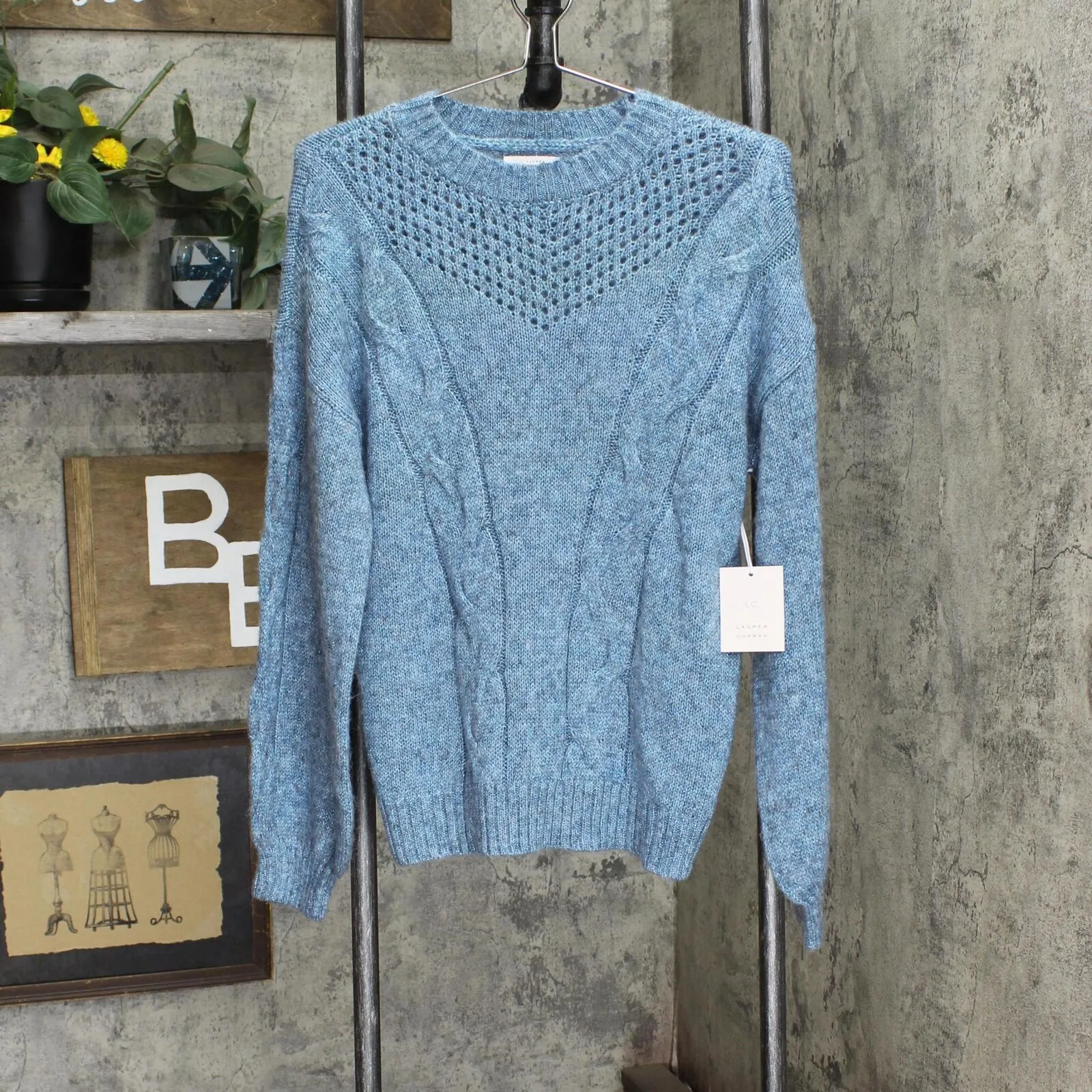 Lc Lauren Conrad Women's Cable-Knit Texture Sweater Teal Heather Blue M