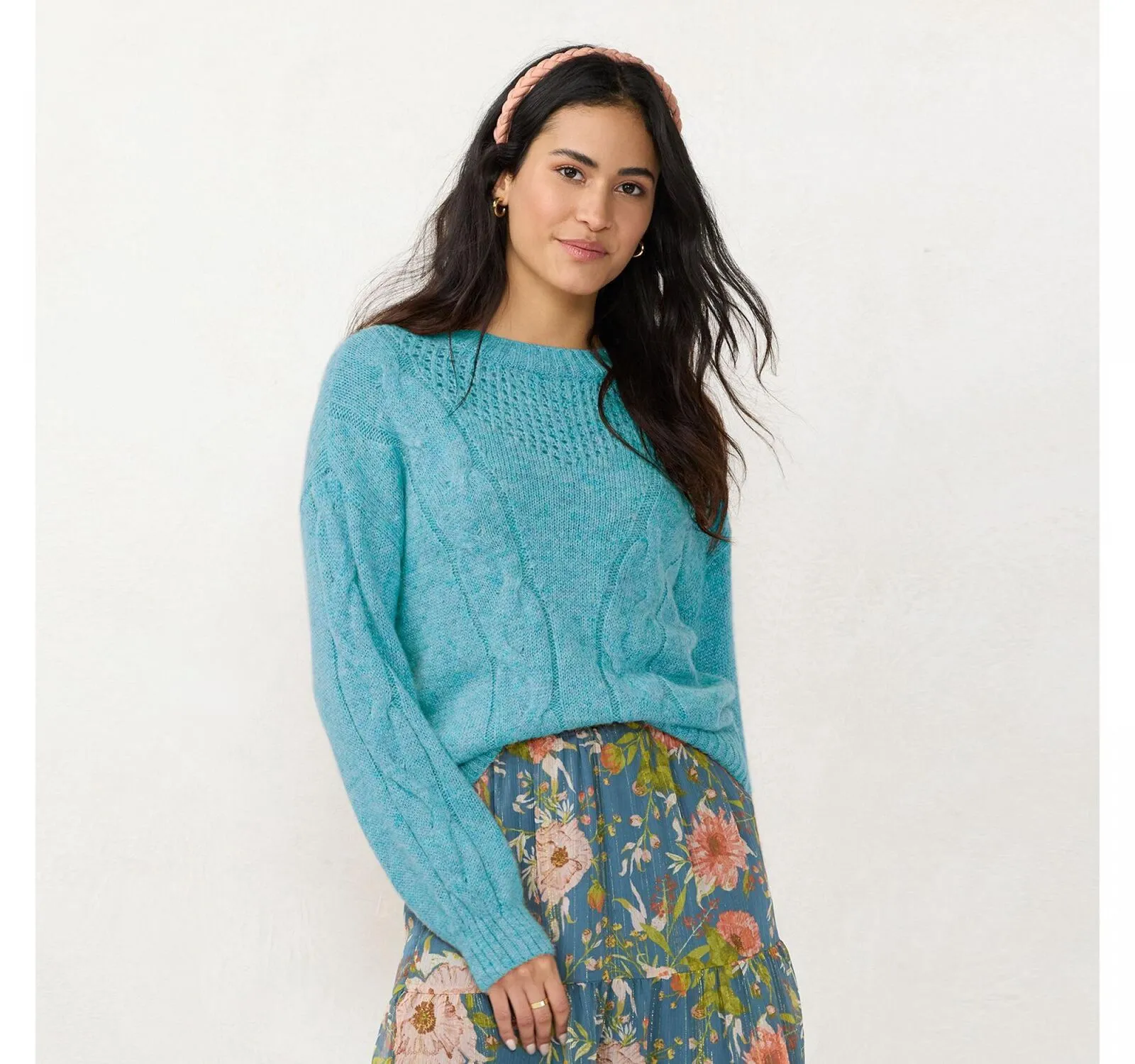 Lc Lauren Conrad Women's Cable-Knit Texture Sweater Teal Heather Blue M
