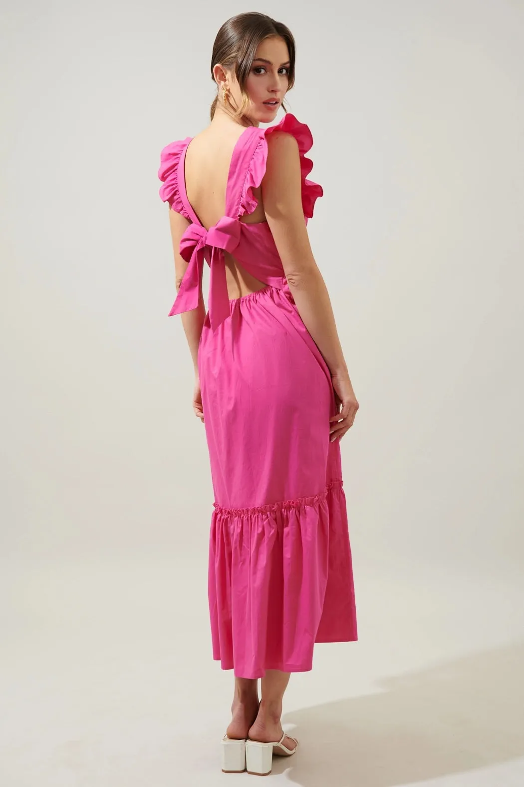 Lia Poplin Tie Back Midi Dress - Fuchsia