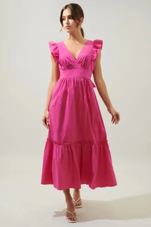 Lia Poplin Tie Back Midi Dress - Fuchsia