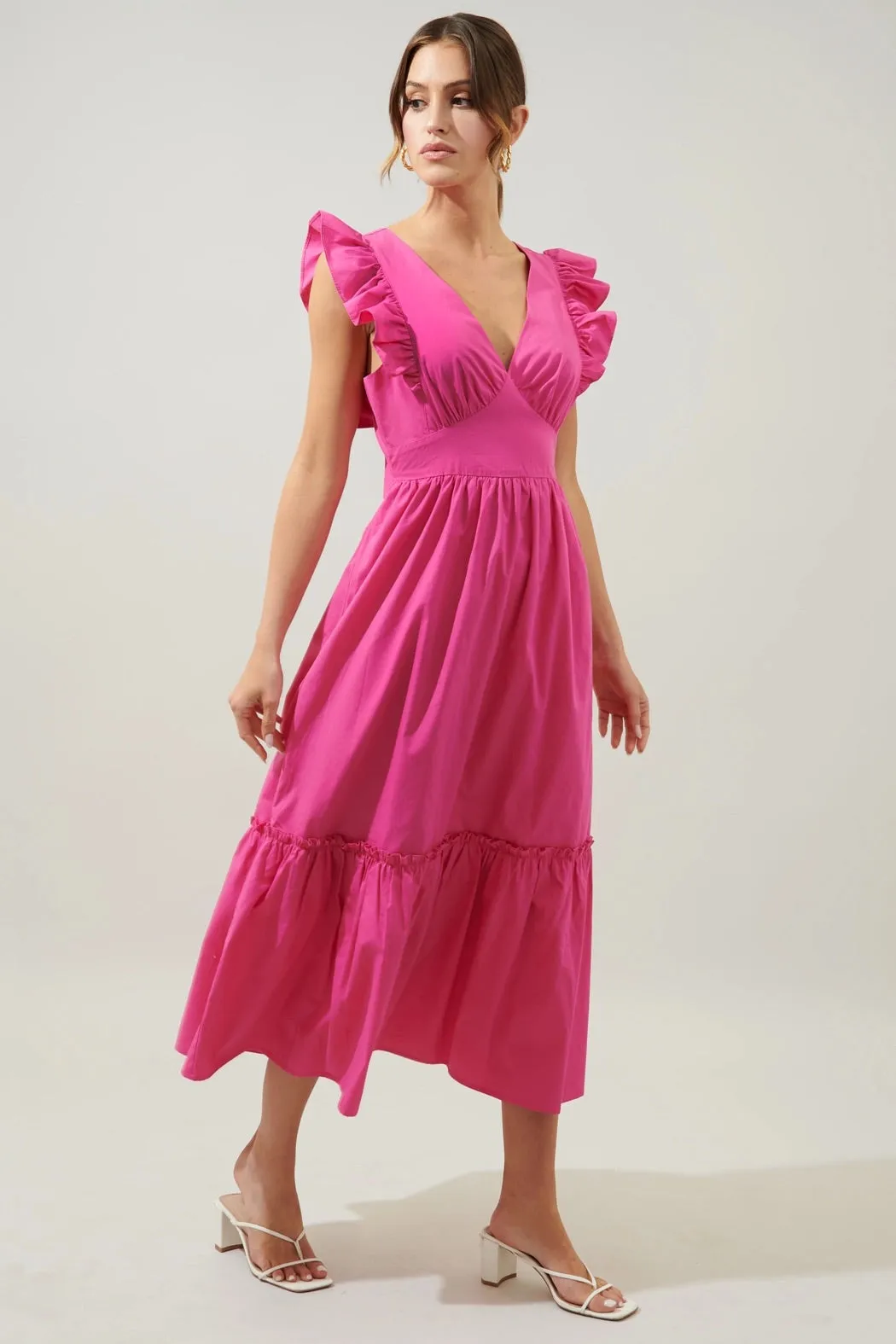 Lia Poplin Tie Back Midi Dress - Fuchsia