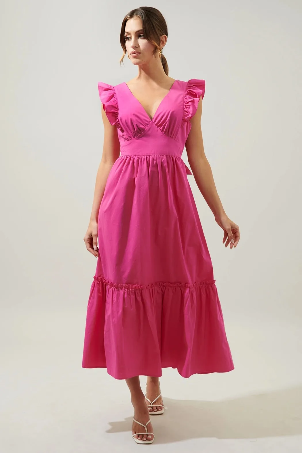 Lia Poplin Tie Back Midi Dress - Fuchsia