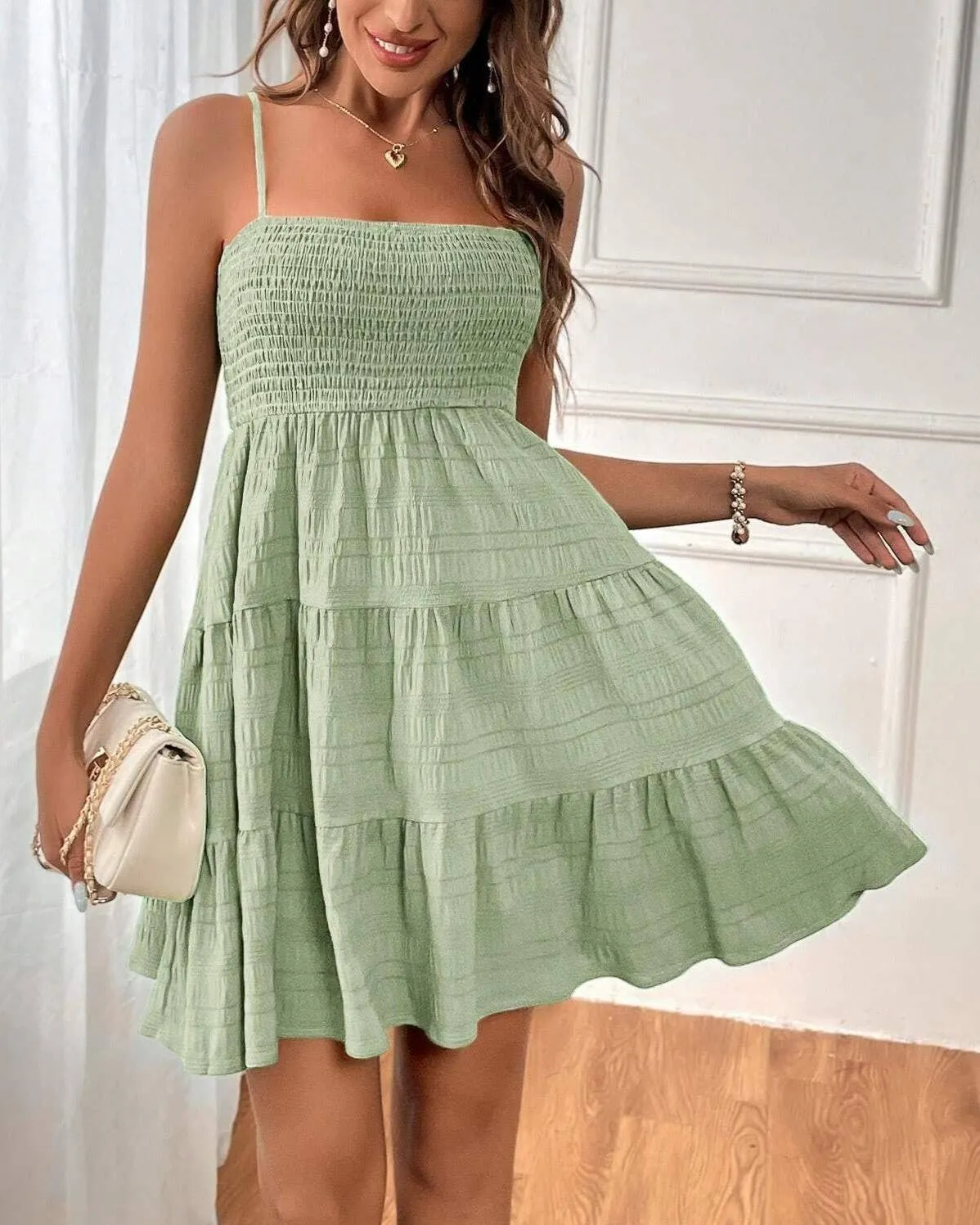 Light Green Textured Spaghetti Strap Dress