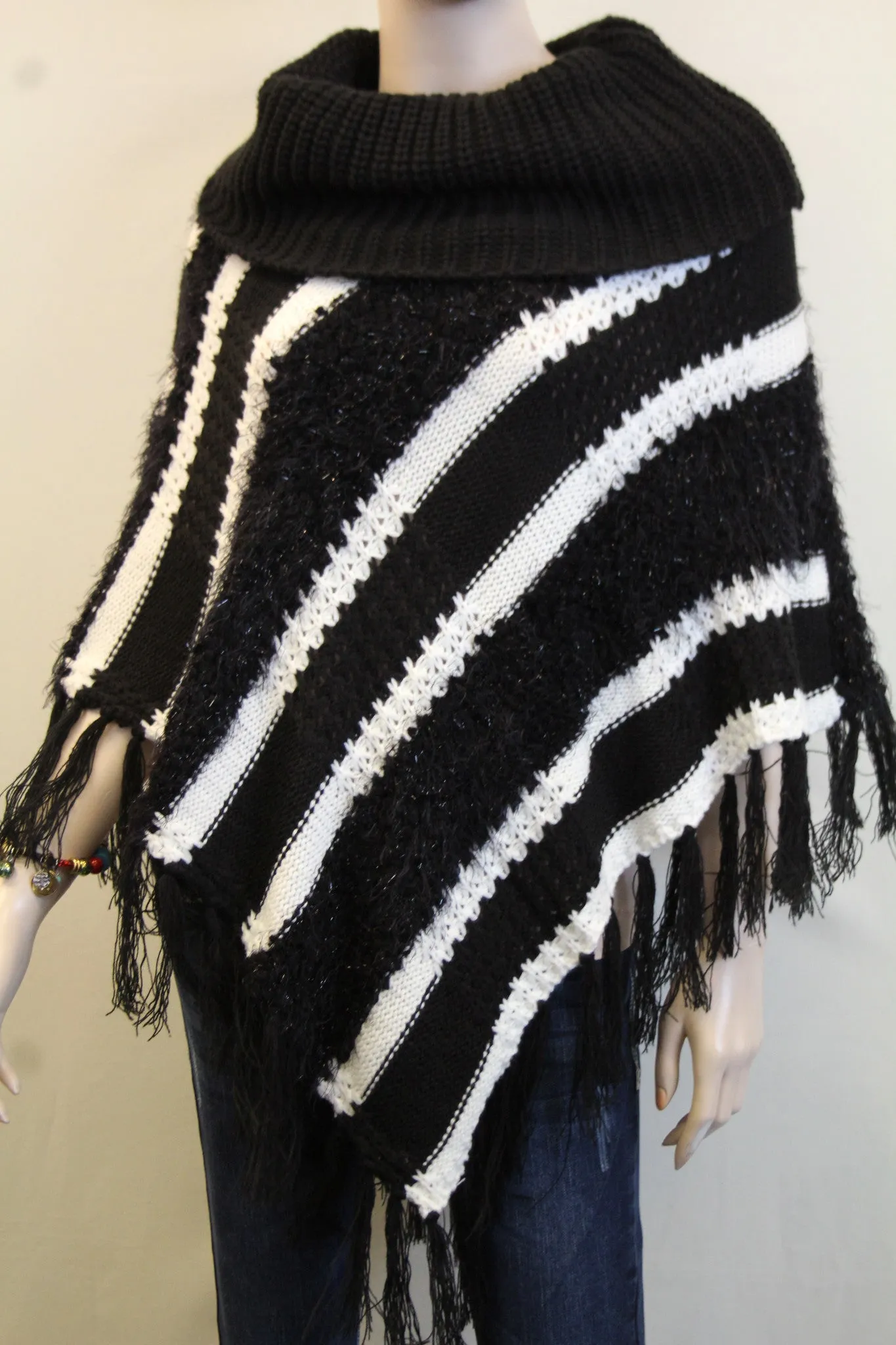 Lily | Crochet Striped Sweater Poncho Black & White