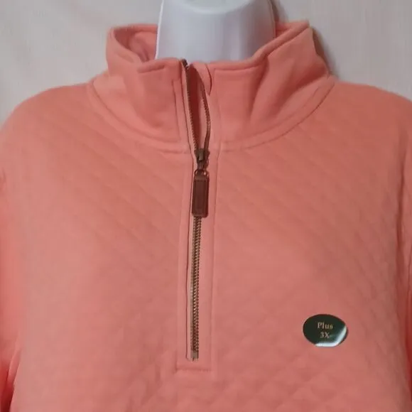 L.L.Bean Warm Coral 1/4 Zipper Pull   Over Quilted Long Sleeve Sweater. …
