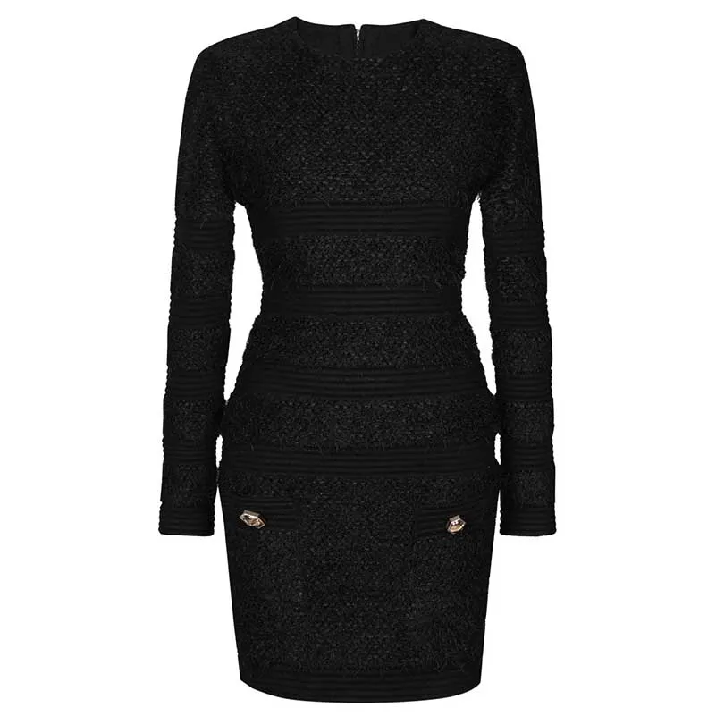 Long Sleeves Tailored Mini Dress in Textured Horsehair Fabric