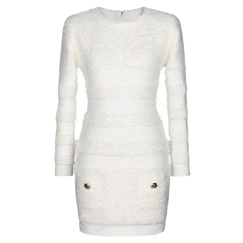 Long Sleeves Tailored Mini Dress in Textured Horsehair Fabric