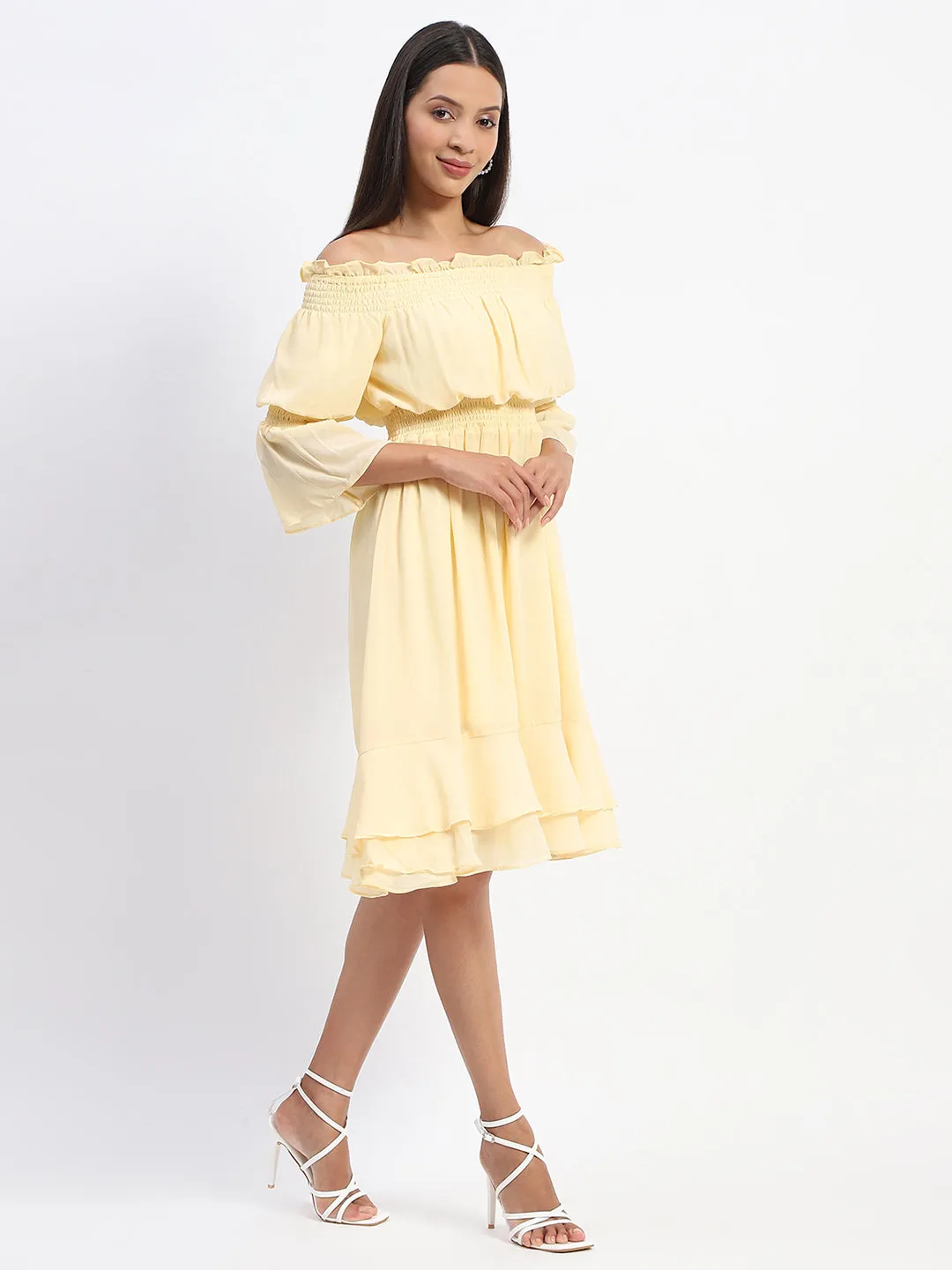 Madame Off Shoulder Yellow Tiered Midi Dress