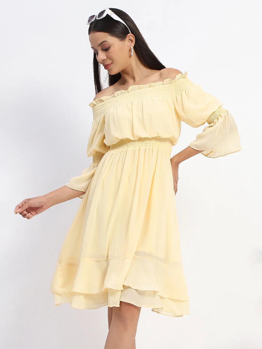 Madame Off Shoulder Yellow Tiered Midi Dress