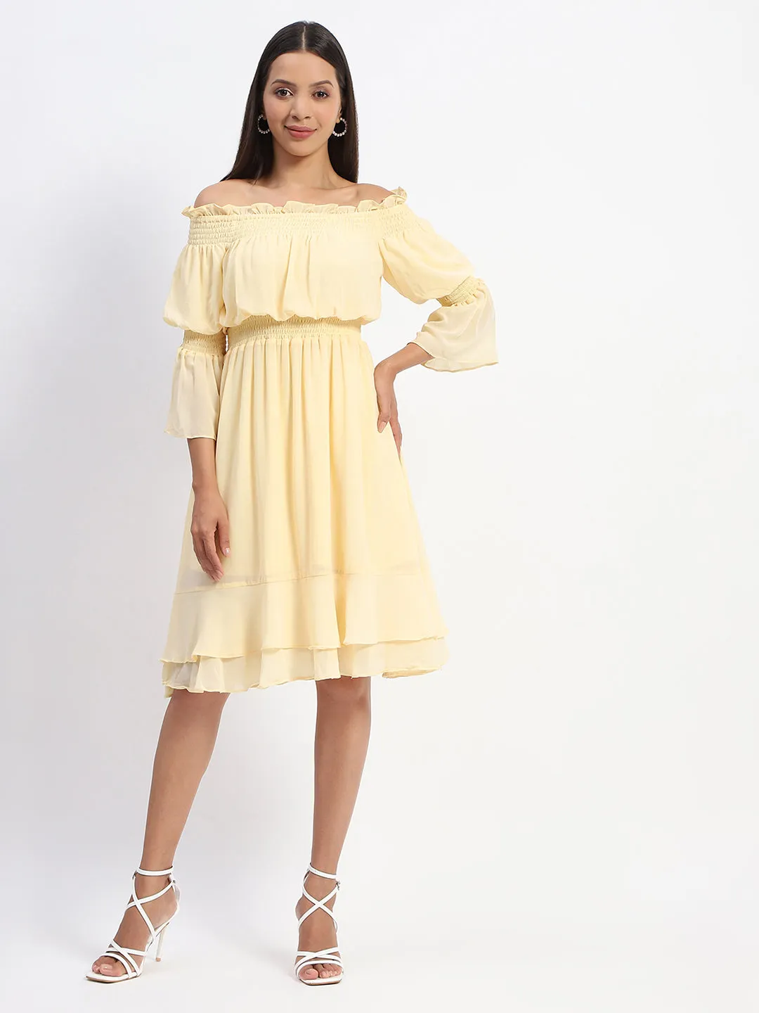 Madame Off Shoulder Yellow Tiered Midi Dress