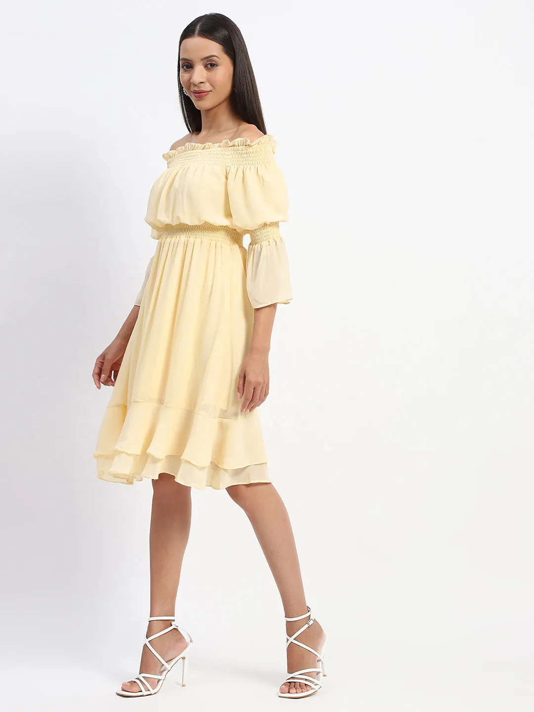 Madame Off Shoulder Yellow Tiered Midi Dress