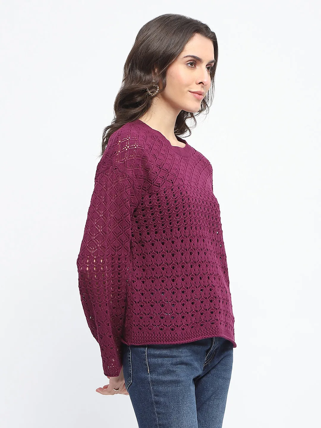Madame Textured Crew Neck Purple Full Sleeve Sweater