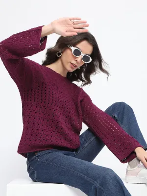 Madame Textured Crew Neck Purple Full Sleeve Sweater