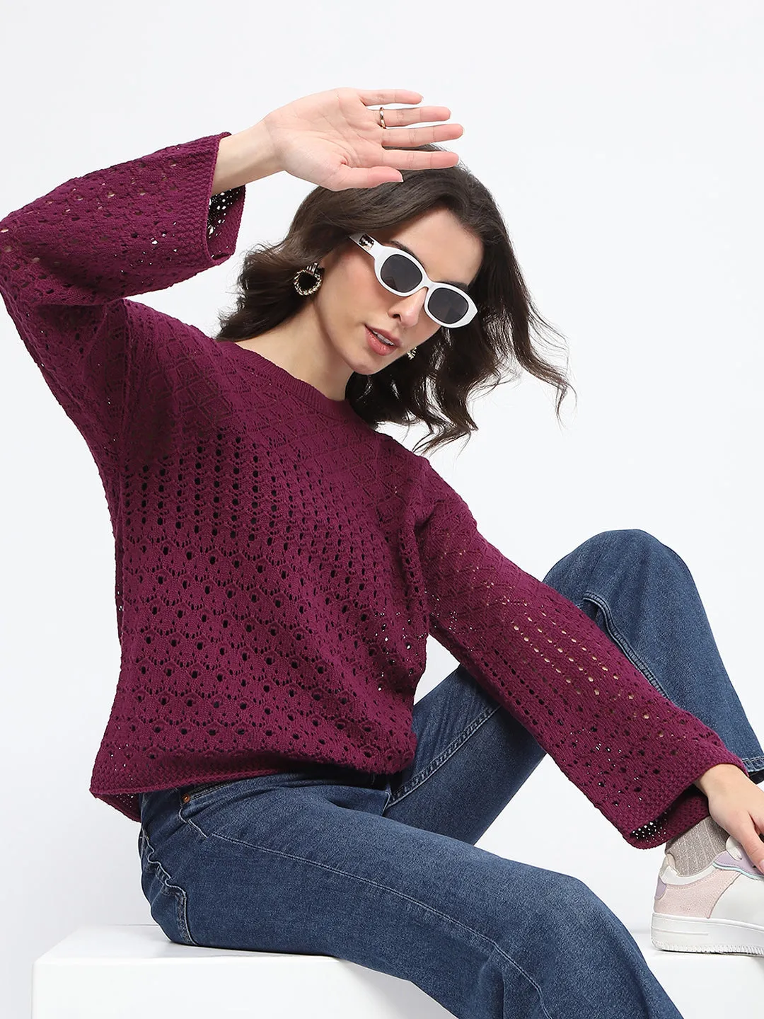 Madame Textured Crew Neck Purple Full Sleeve Sweater