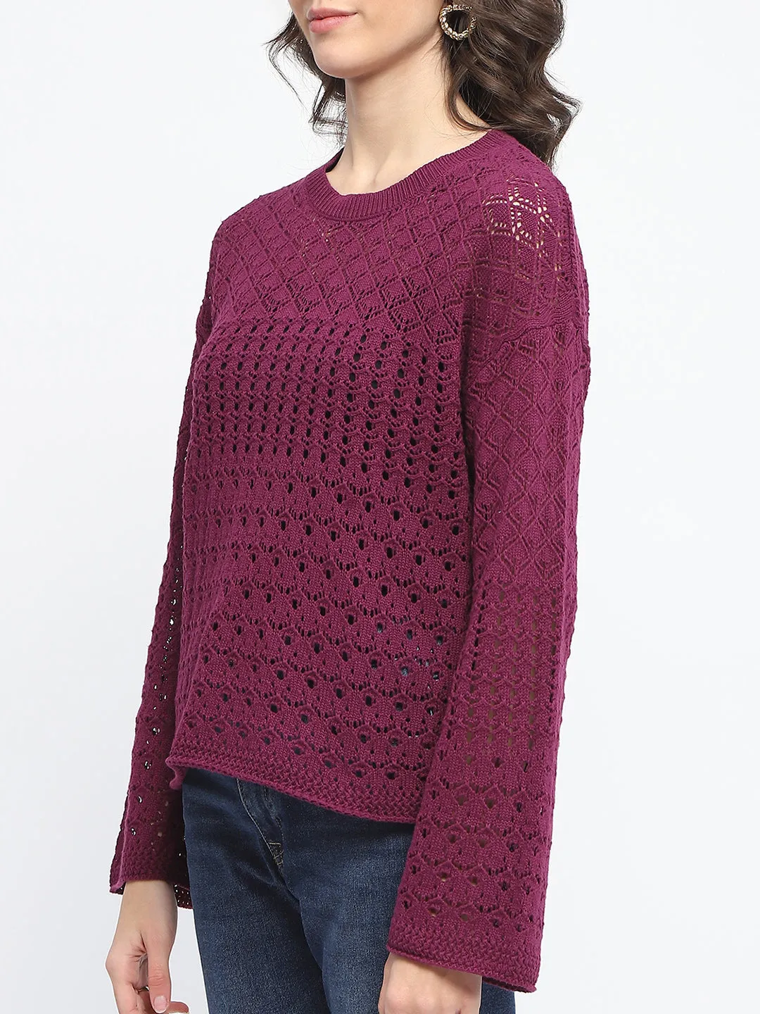 Madame Textured Crew Neck Purple Full Sleeve Sweater