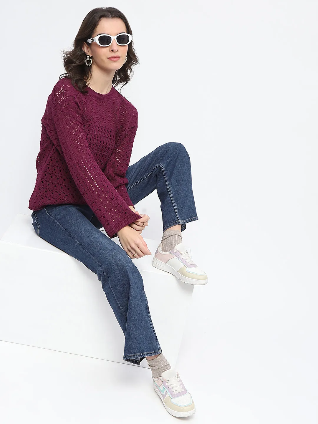 Madame Textured Crew Neck Purple Full Sleeve Sweater