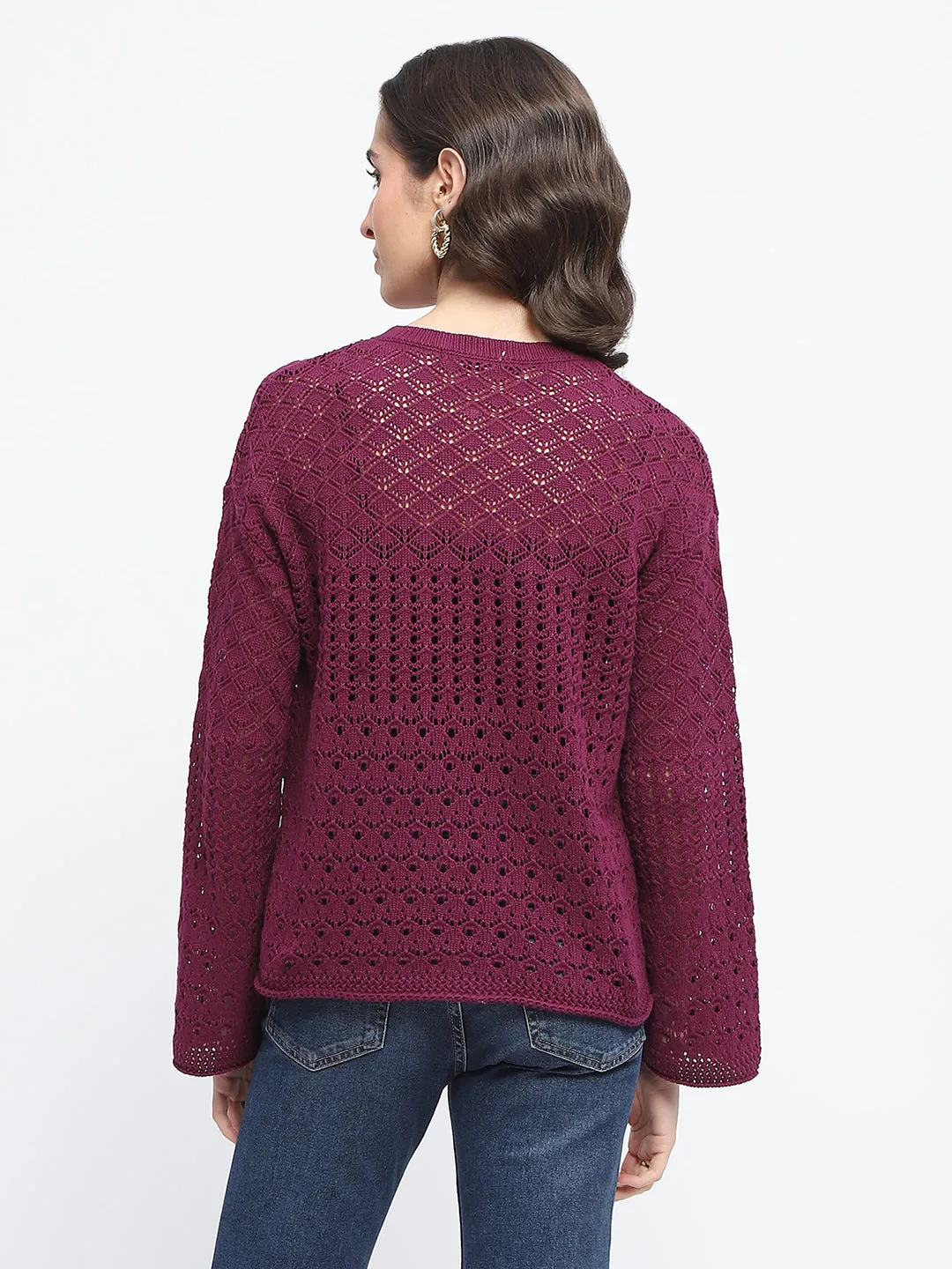 Madame Textured Crew Neck Purple Full Sleeve Sweater