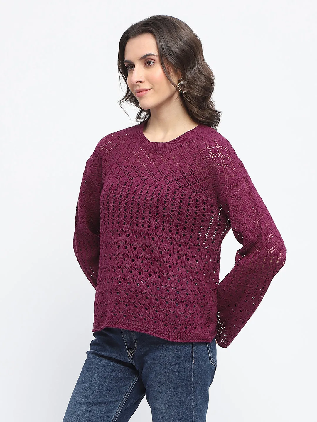Madame Textured Crew Neck Purple Full Sleeve Sweater
