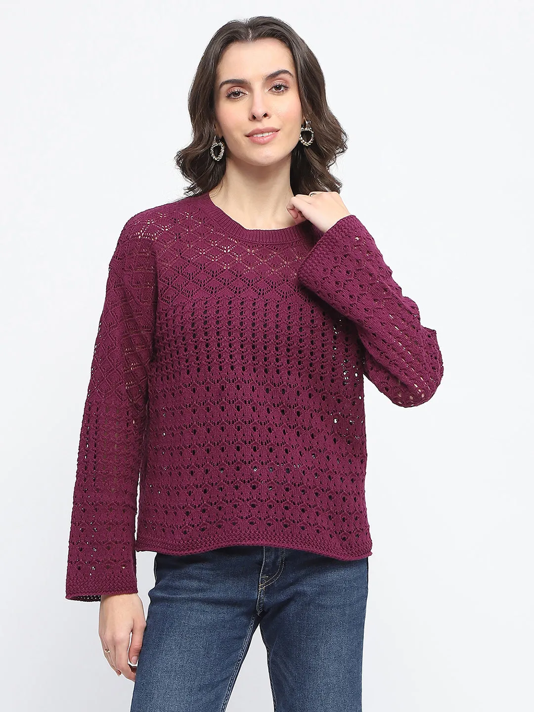 Madame Textured Crew Neck Purple Full Sleeve Sweater