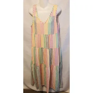 Marine Layer Dress Womens Large Corinne Striped Rainbow Cotton Gauze Tiered Maxi