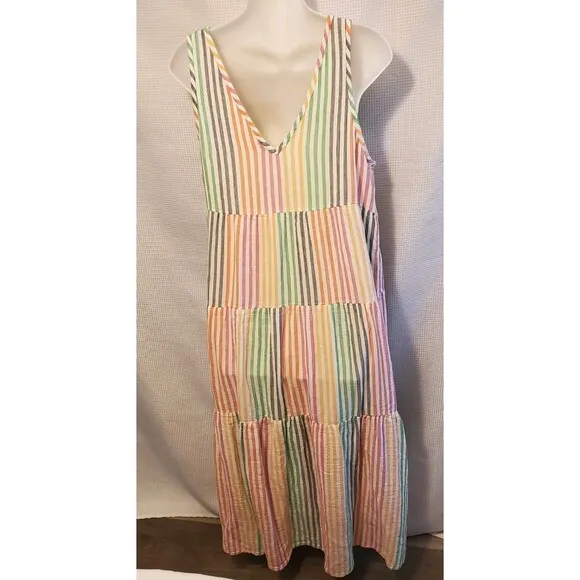 Marine Layer Dress Womens Large Corinne Striped Rainbow Cotton Gauze Tiered Maxi