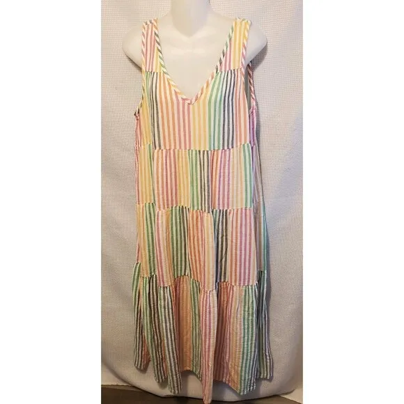 Marine Layer Dress Womens Large Corinne Striped Rainbow Cotton Gauze Tiered Maxi