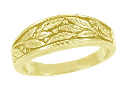 Men's 1960's Mid Century Modern Carved Olive Leaves Ring in Yellow Gold - 6.8mm Wide - 10K or 14K