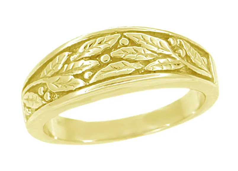 Men's 1960's Mid Century Modern Carved Olive Leaves Ring in Yellow Gold - 6.8mm Wide - 10K or 14K