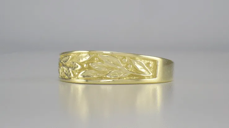Men's 1960's Mid Century Modern Carved Olive Leaves Ring in Yellow Gold - 6.8mm Wide - 10K or 14K