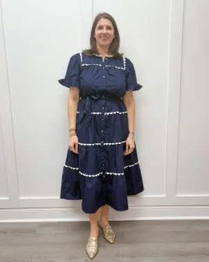Mia Midi Dress - Navy w/ White Scalloped Trim