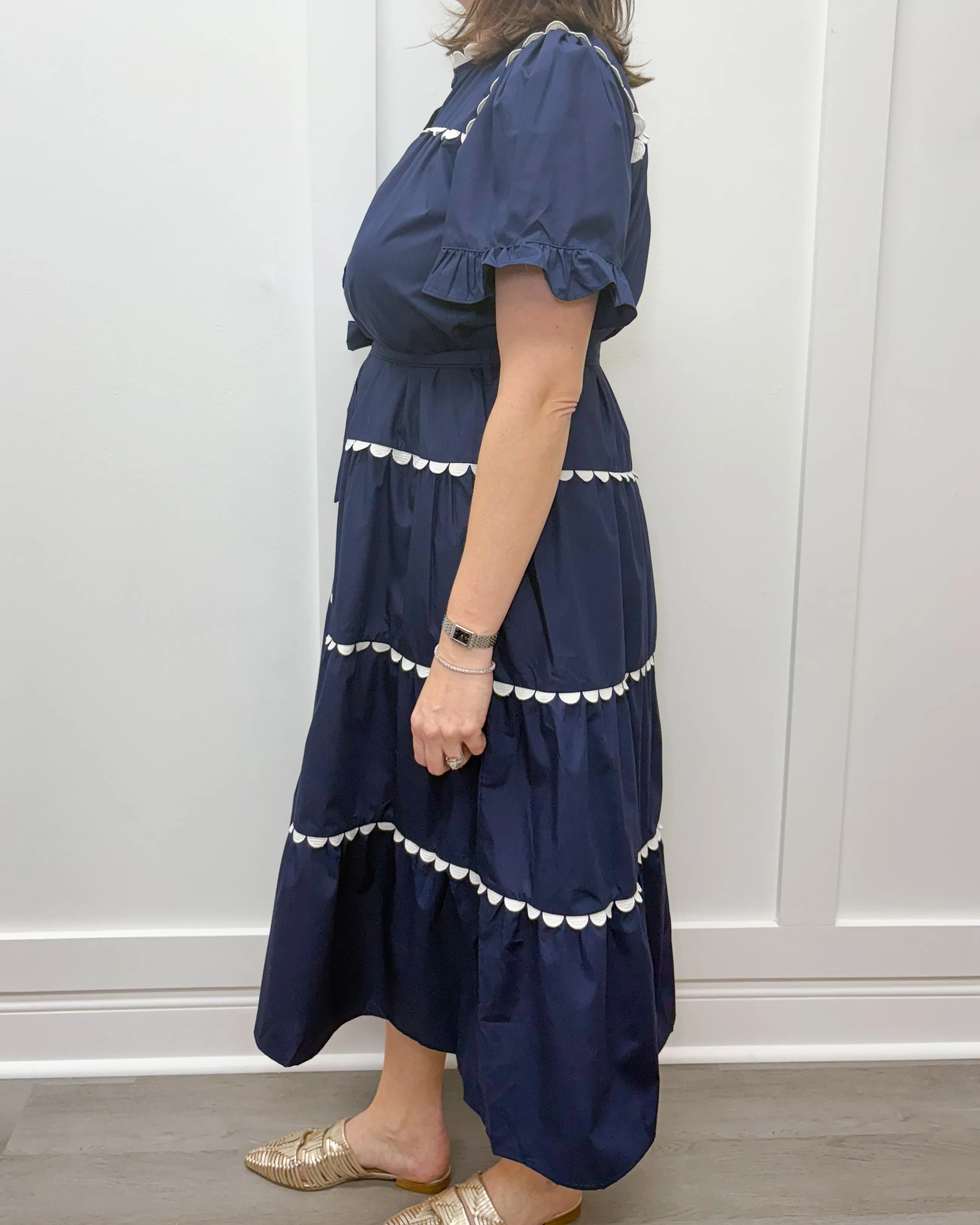 Mia Midi Dress - Navy w/ White Scalloped Trim
