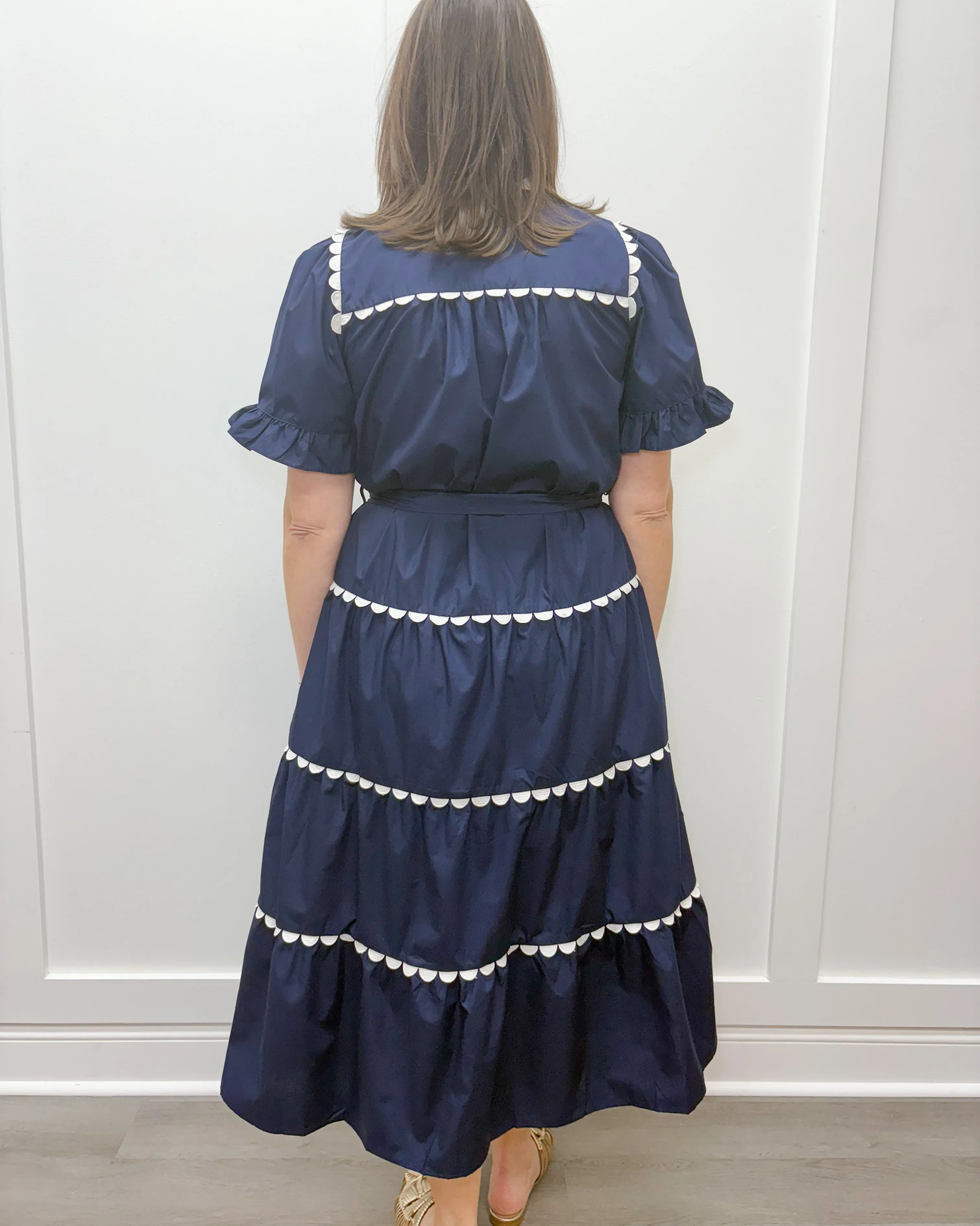 Mia Midi Dress - Navy w/ White Scalloped Trim