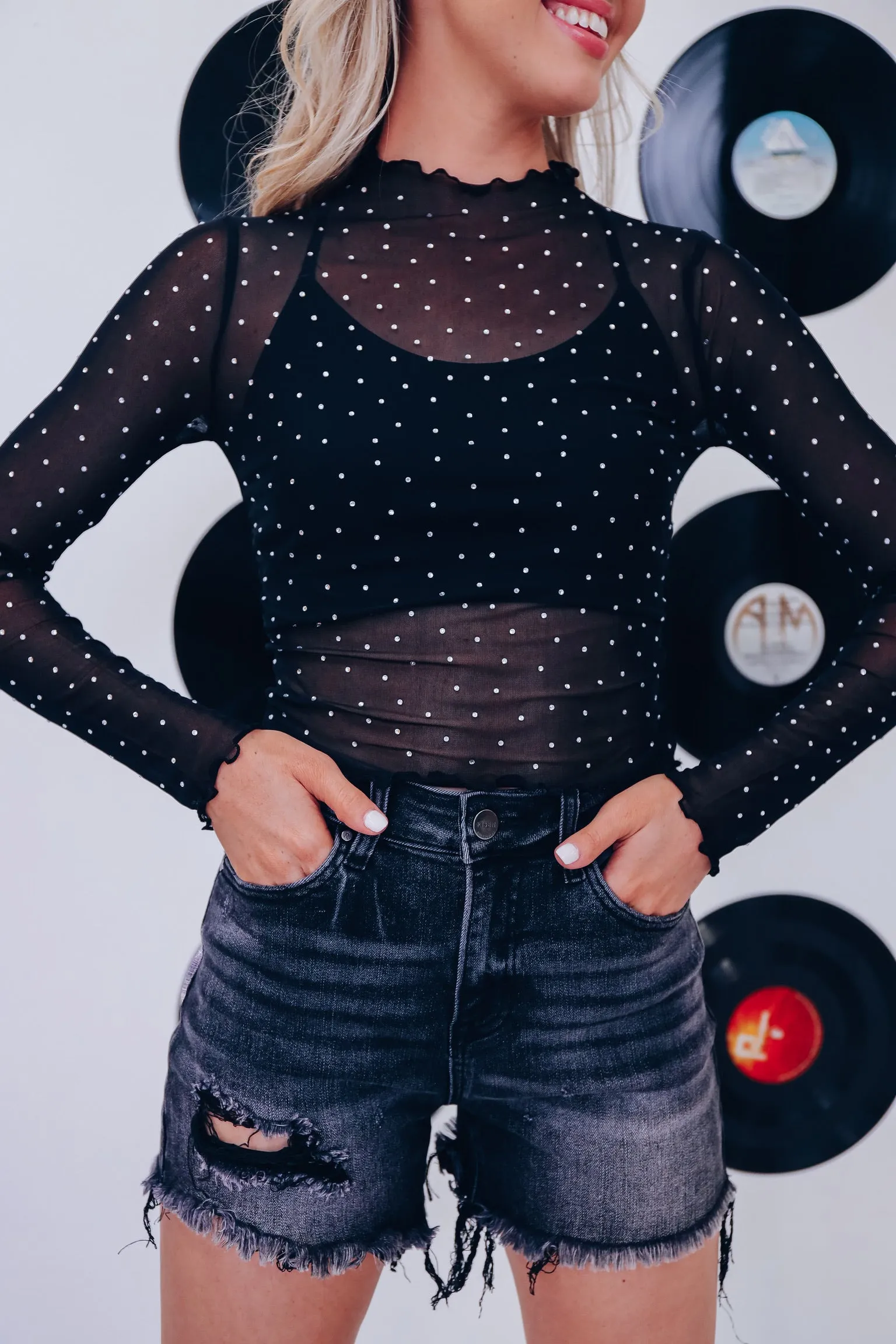 Midnight Sparkle Mesh Crop Top - Black
