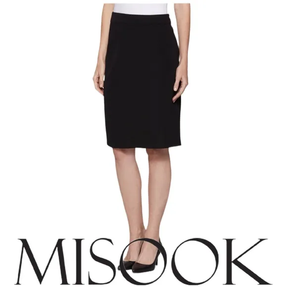 MISOOK | Straight Knit Skirt Black Below The Knee Pull On Elastic Waist