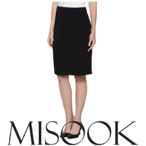 MISOOK | Straight Knit Skirt Black Below The Knee Pull On Elastic Waist