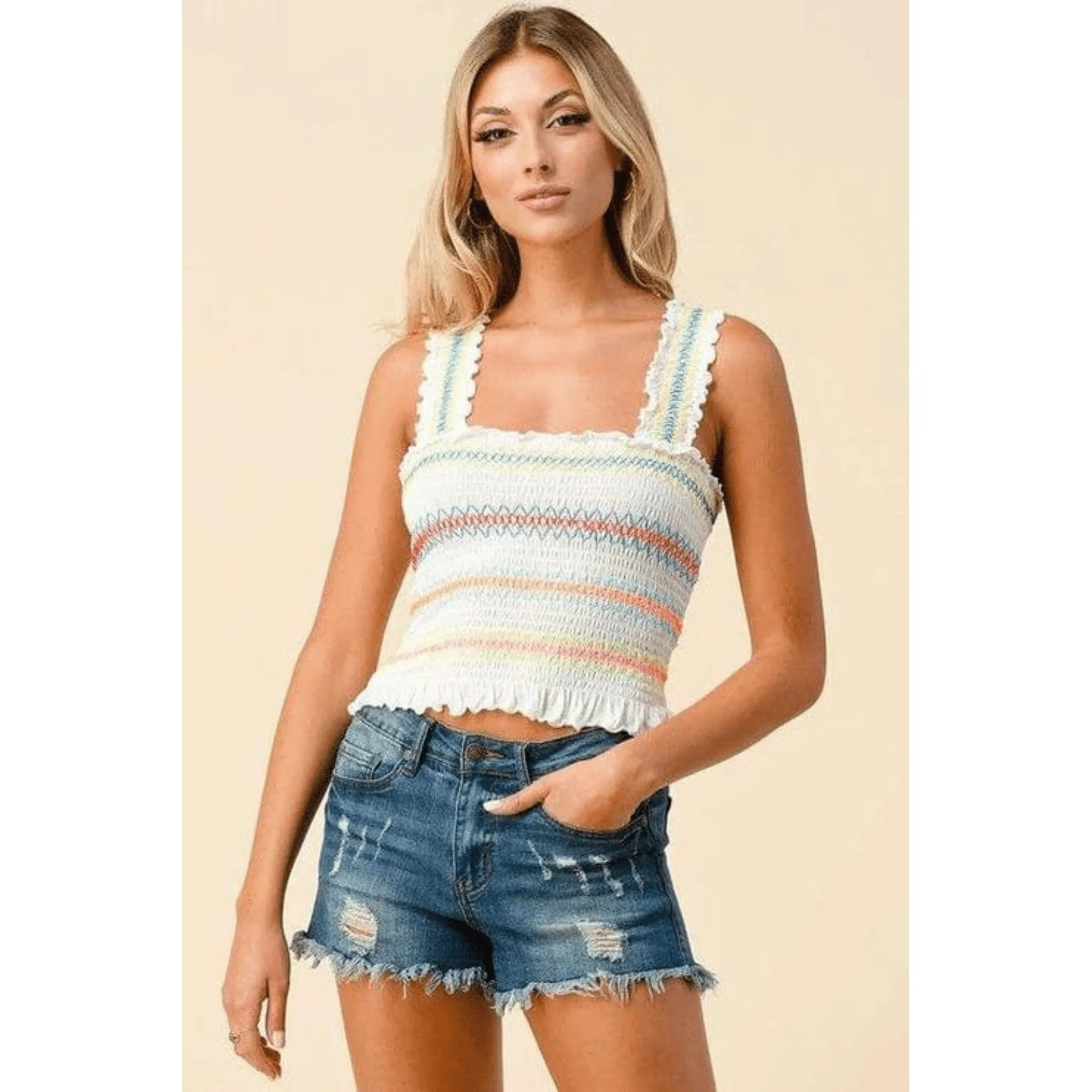 Multi color stitch all over smocking tank top